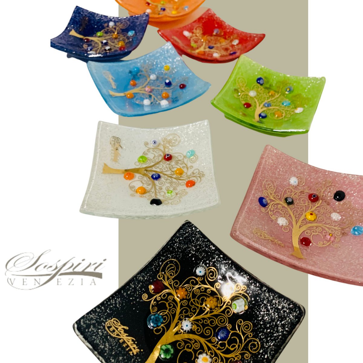 Vierkant middelpunt in Murano -glas, cadeau -idee, gunsten, gouden decoratie van het leven en Murrine di Murano