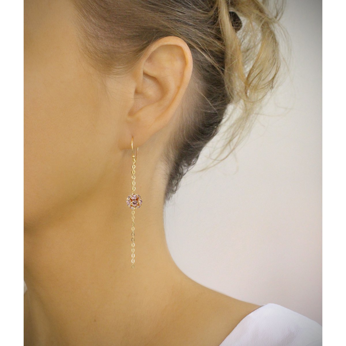 18K gold plated earrings with light amethyst crystal balls