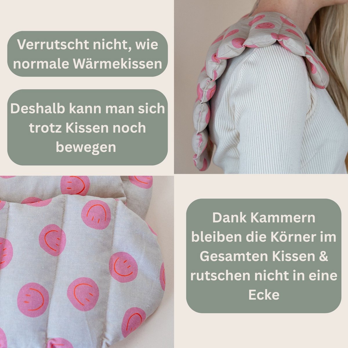 Speltkussen voor nek gemaakt van katoen - smiley roze