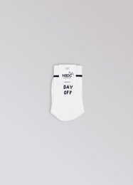 White baby socks with "DAY OFF" text, available in sizes 0-1 year, 1-2 years, 2-3 years, and 3-4 years.