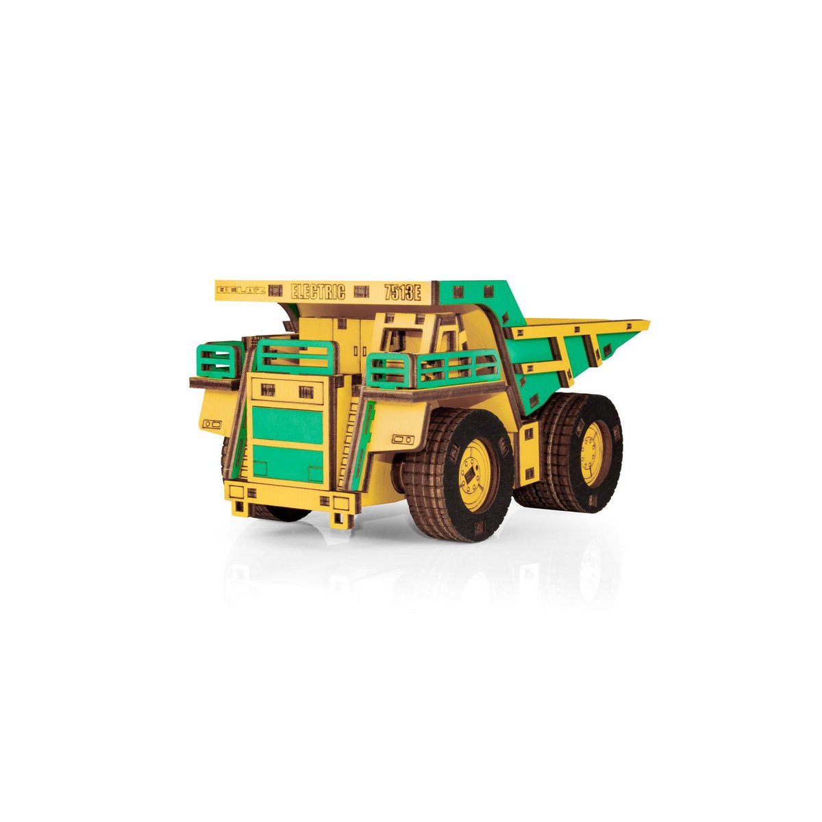 Eco Wood Art (EWA) 3D-Puzzle aus mechanischem Holz, Bergbau-Muldenkipper Belaz-7513E, 4219, Farbe Gelb und Grün, 17 x 10 x 9 cm