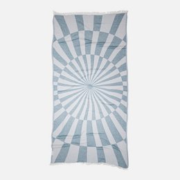 Blue and white checkered pattern towel with geometric optical illusion design, striped texture.