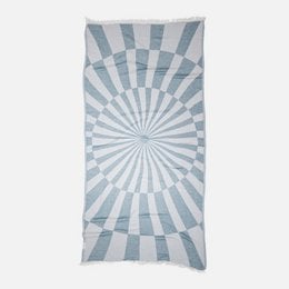 Blue and white checkered pattern towel with geometric optical illusion design, striped texture.