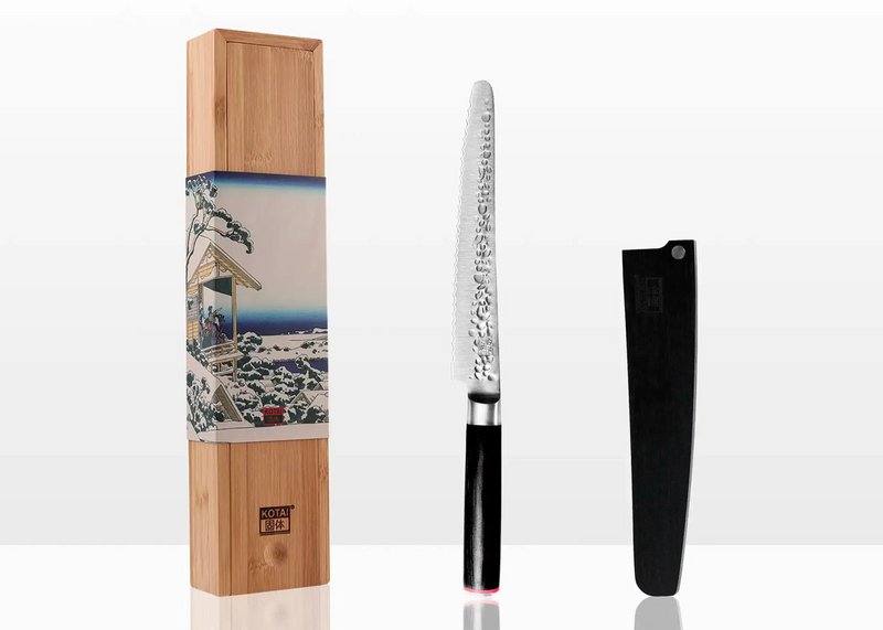 Knife - Serrated bread/pastry knife with bamboo Saya and bamboo box - 200 mm blade