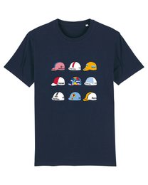  Dark navy blue t-shirt with colorful vintage cycling caps print, short sleeves, casual style