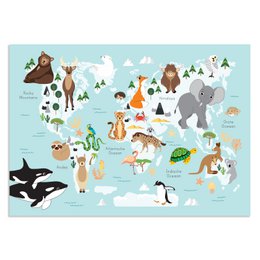 Wereldkaart poster dieren A3