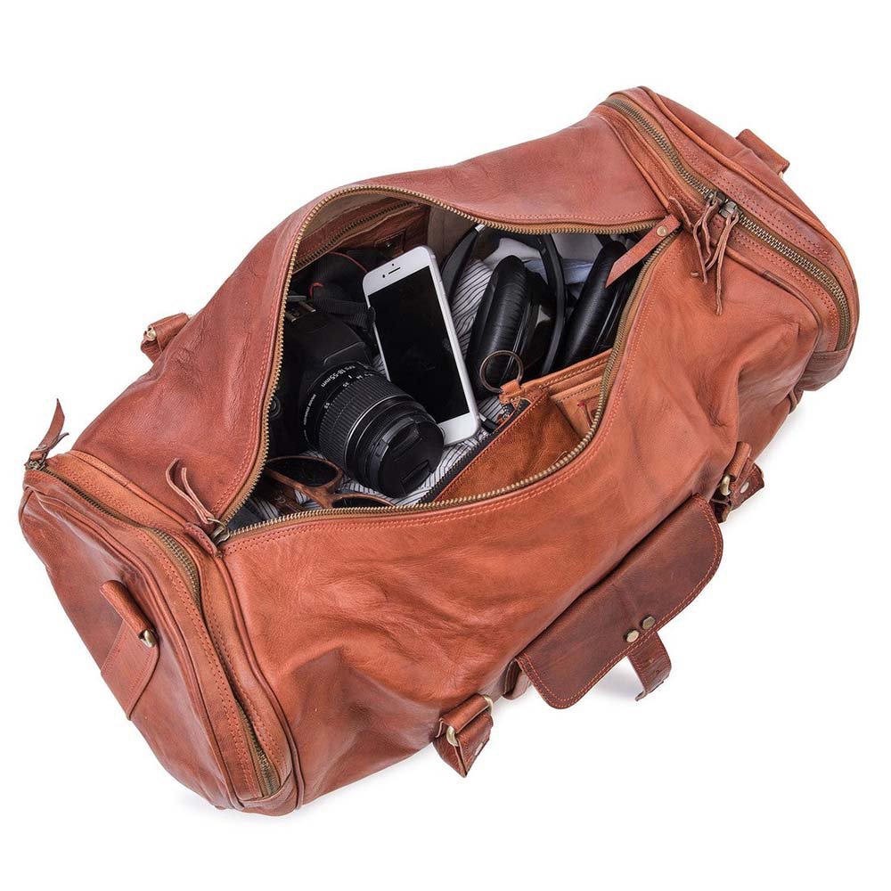 Handmade Moroccan Leather Travel Bag – Artisan 22" (55cm) "Traditionalist" Duffle with Dual Side Pockets