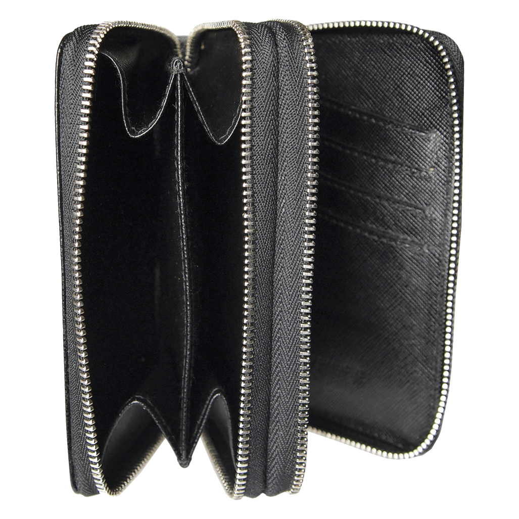 8 Credit Card Dual-Zip Saffiano Leather Wallet Black