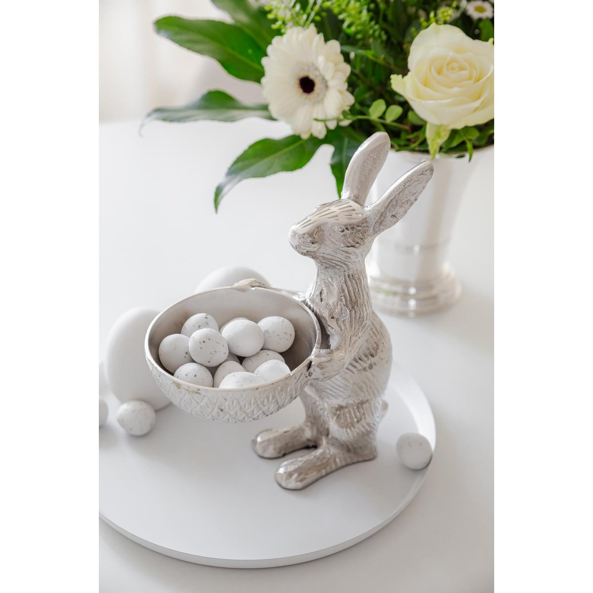 EDZARD rabbit with bowl Bert, rabbit figure with bowl, height 22 / 31 cm, aluminum nickel-plated silver