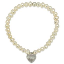 A delicate freshwater pearl bracelet with a heart charm, perfect for expressing love and affection. The bracelet features a string of round, creamy-white pearls with a silver heart-shaped charm as the focal point.
