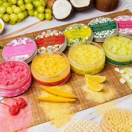Sugar body scrub in Bella Donna, Cherry, Jasmine-Green Tea, Lemon, Mango, Coconut, Exotic, and Mojito scents. Exfoliating sugar scrub in 250g tubs.