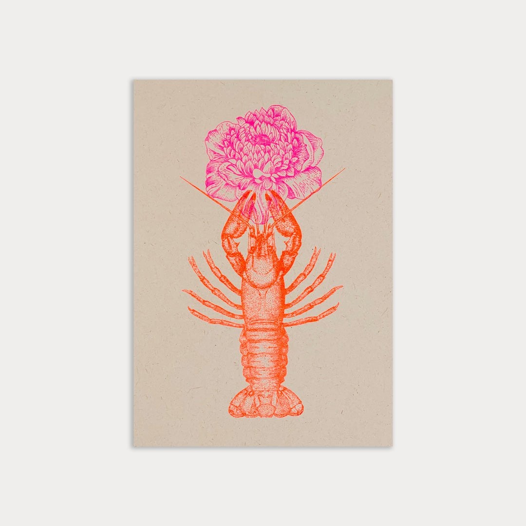 Postkort / hummer med blomst / riso print