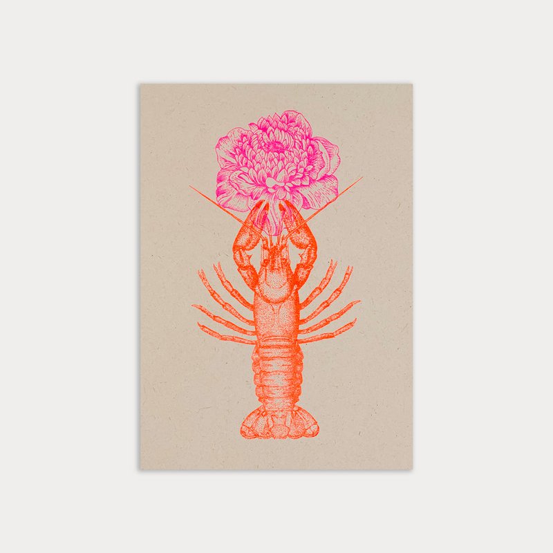 Postkort / hummer med blomst / riso print