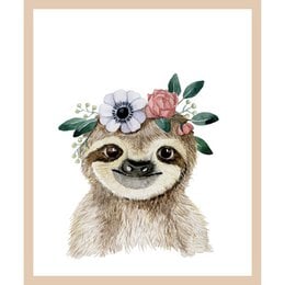 A whimsical illustration of a sloth wearing a floral crown, perfect for a kids room poster.