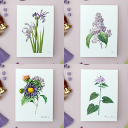  Handmade botanical postcards featuring vintage-inspired illustrations of lilac, iris, and other floral designs. The postcards come with envelopes and are suitable for a variety of occasions.
