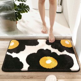  Black white yellow abstract flower pattern non-slip washable bath mat quick dry floor rug