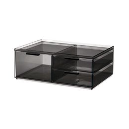 Rectangular black acrylic organizer with drawers for storing and displaying lipsticks and other cosmetics.