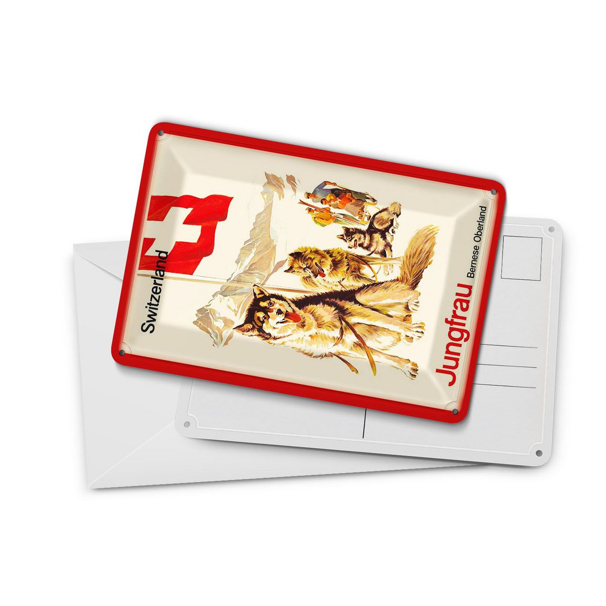 Tin postcard travel 10x14 cm Switzerland Jungfrau Bernese Oberland dog decorative sign