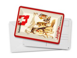 Tin postcard travel 10x14 cm Switzerland Jungfrau Bernese Oberland dog decorative sign
