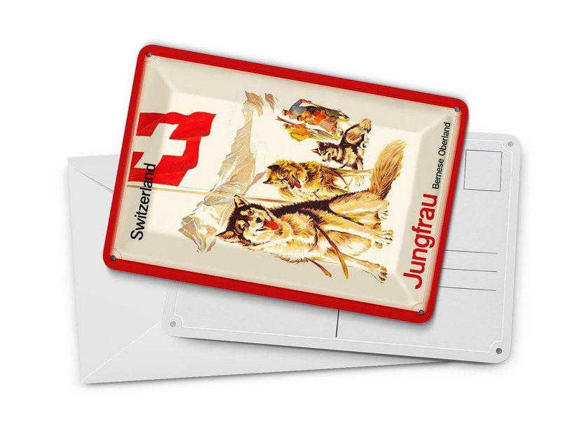 Tin postcard travel 10x14 cm Switzerland Jungfrau Bernese Oberland dog decorative sign