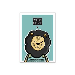Colorful illustration of a lion character with the text "WITH LOVE" on a postcard-style background. The image suggests a whimsical, playful design suitable for a love-themed greeting card or postcard.