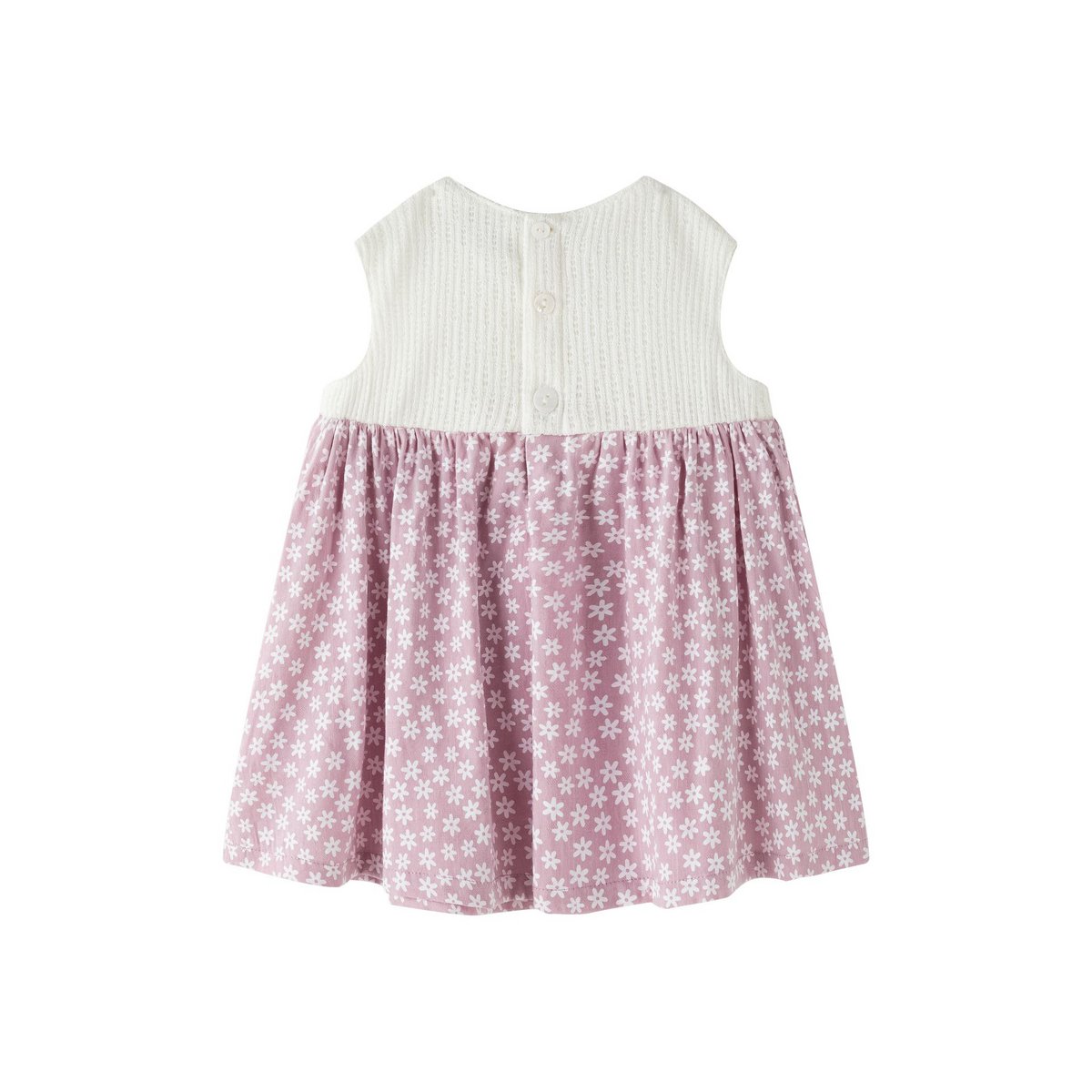 Vestido bebé con canesú de punto y estampado malva BGV96541