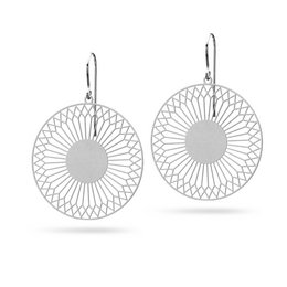 Stainless steel statement earrings with a radial sunburst design. The earrings feature a large circular frame with a sunburst pattern of thin metal lines radiating outward, creating a bold and modern look.