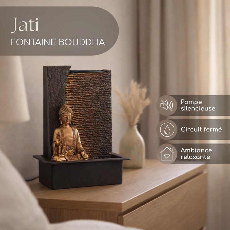 Zimmerbrunnen – Jati – abnehmbare Buddha-Statue – weißes LED-Licht – Zen und entspannende Atmosphäre – einfach zu bedienen