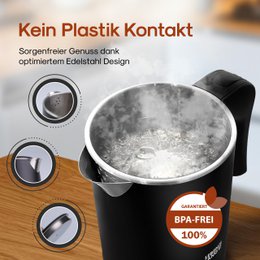 LIVSTID Rejsekedel Rustfrit Stål Lille 0,5 Liter & BPA Fri - Rejsekedel 600W Energibesparende Energieffektivitet - Mini Campingkedel Sort 0,5 0,5 l