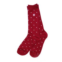 Burgundy red socks with white polka dot pattern. Made of soft, comfortable material.