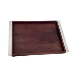 Bandeja de madera rectangular con manijas de metal de plata 44x33cm
