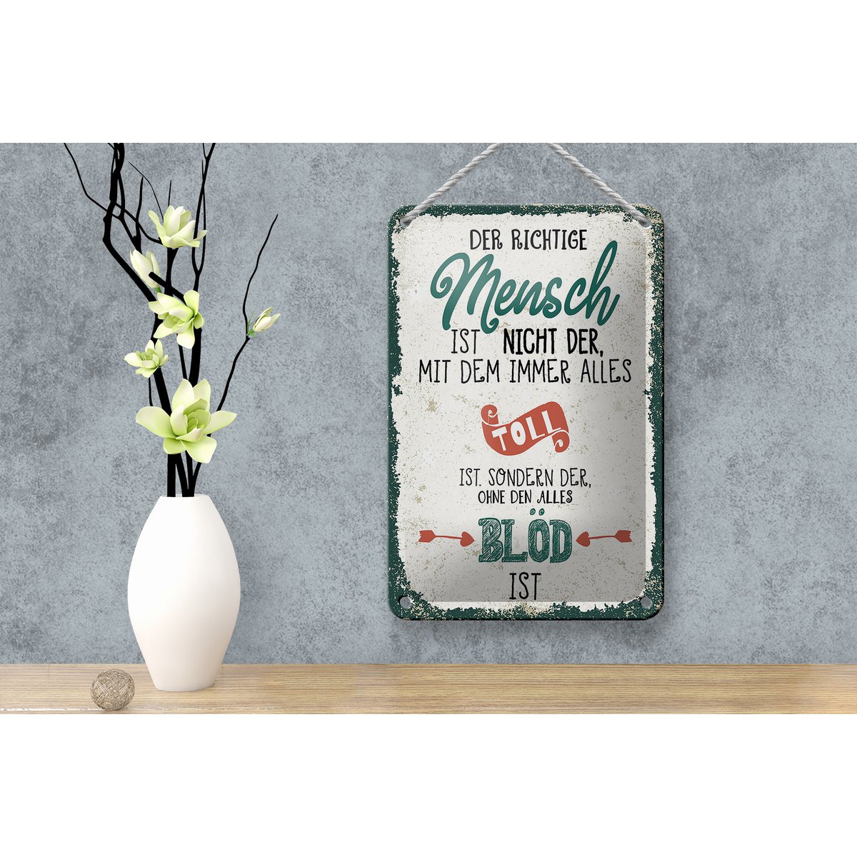 Blechschild Spruch der richtige Mensch ohne alles blöd 12x18cm Schild