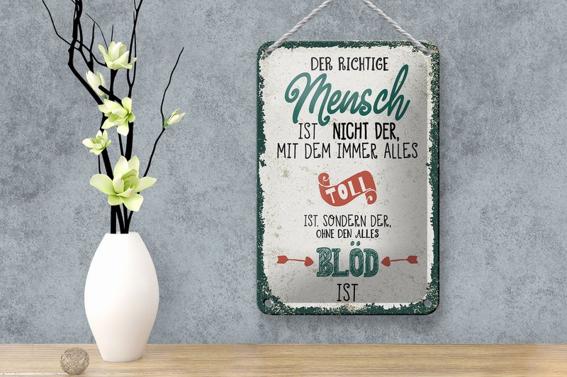 Blechschild Spruch der richtige Mensch ohne alles blöd 12x18cm Schild