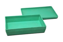 Green stackable storage box with lid, suitable for organizing and storing various items.