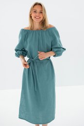 MOON — Vestido midi de lino lavado a la piedra con hombros descubiertos