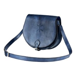 "Illi" cross body bag, navy blue leather, adjustable strap, floral embroidered detail.