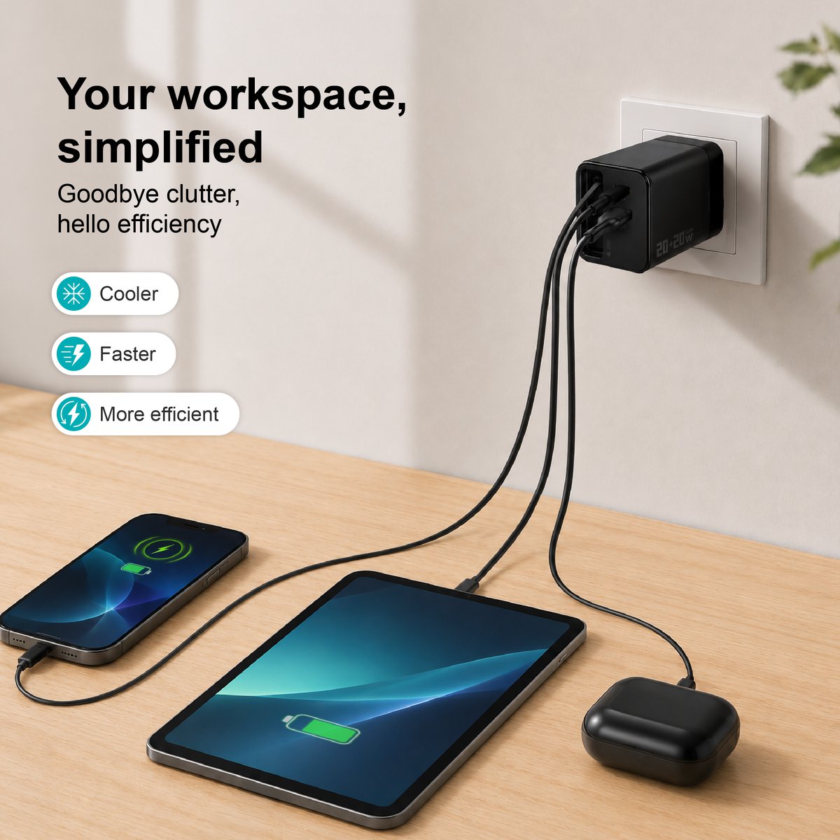 Cargador GaN de 40W con cable USB-C retráctil – NOVOTECK C-025