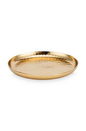 A round, gold-colored metal serving platter with a hammered texture, measuring approximately 15cm in diameter. Suitable for serving food or decorative display.