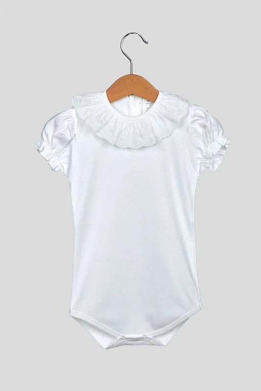Babybroderet bodysuit med flæsekrave, kortærmet, pige