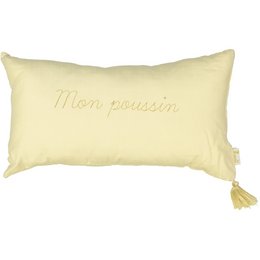 Embroidered cushion with the text "Mon poussin" (My chick) in a light yellow color. The cushion is part of a collection of baby blankets and accessories in various pastel colors like rose, peach, light blue, and light gray.