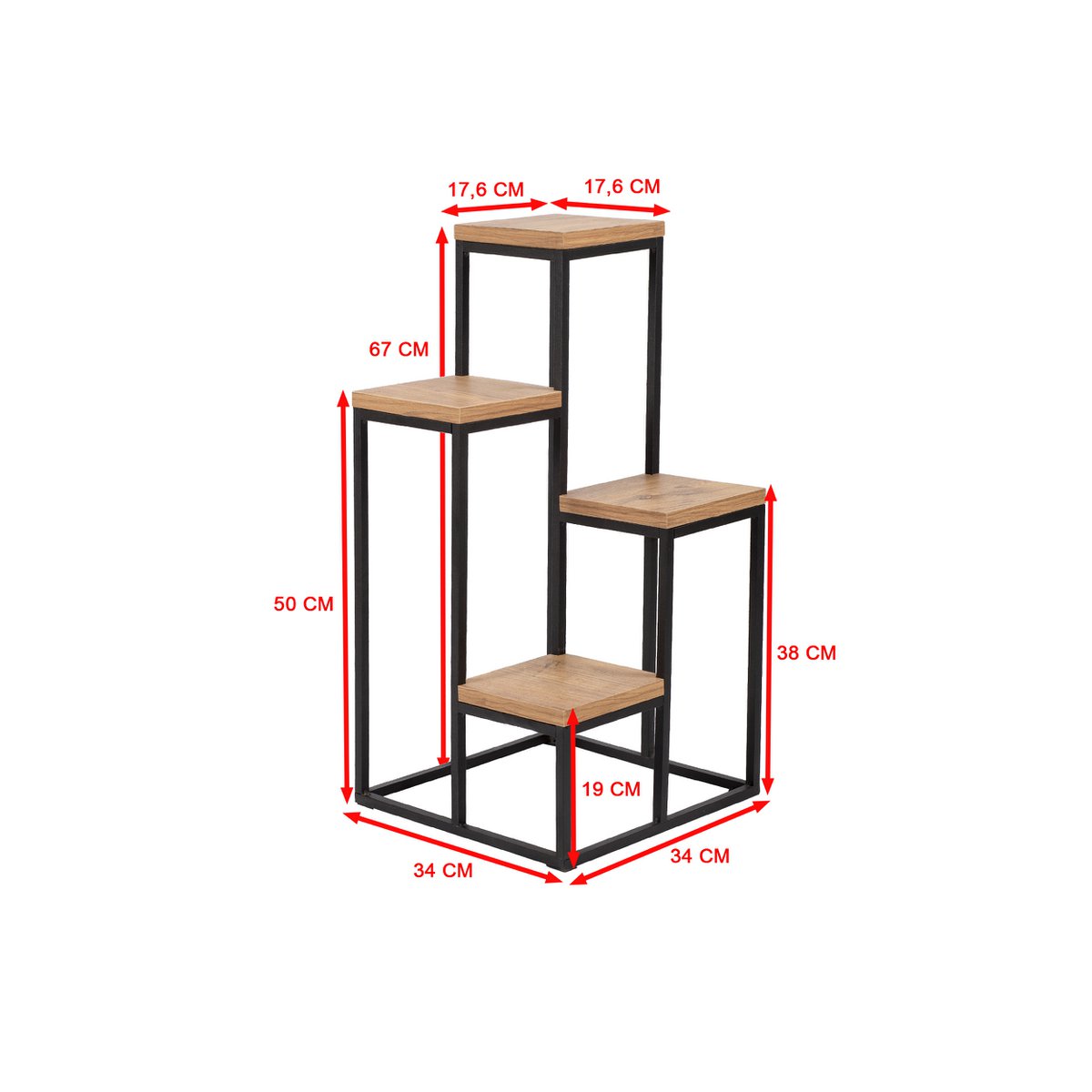 Metalen plantenrek met houten etageres van Naturn Living | Planten etagere | Kruidenrek | Bloemenrek binnen - buiten | Plantenstandaard | Plantenzuil | Mat zwart