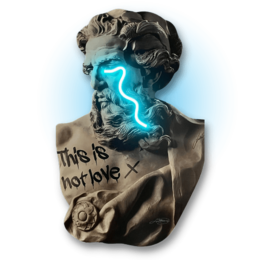  Large, illuminated wall art featuring a bust of a figure with a glowing, lightning-like effect and the text "This is not love" written on the base.