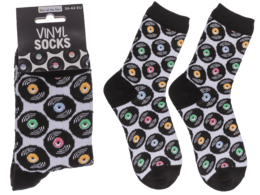  Black vinyl record socks with colorful music records pattern, fun novelty socks for music lovers.