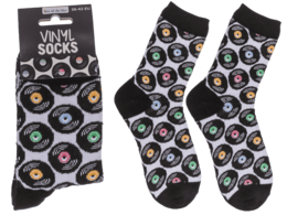 Black vinyl record socks with colorful music records pattern, fun novelty socks for music lovers.