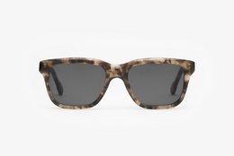 Grey tortoiseshell sunglasses with rectangular frames and dark lenses.