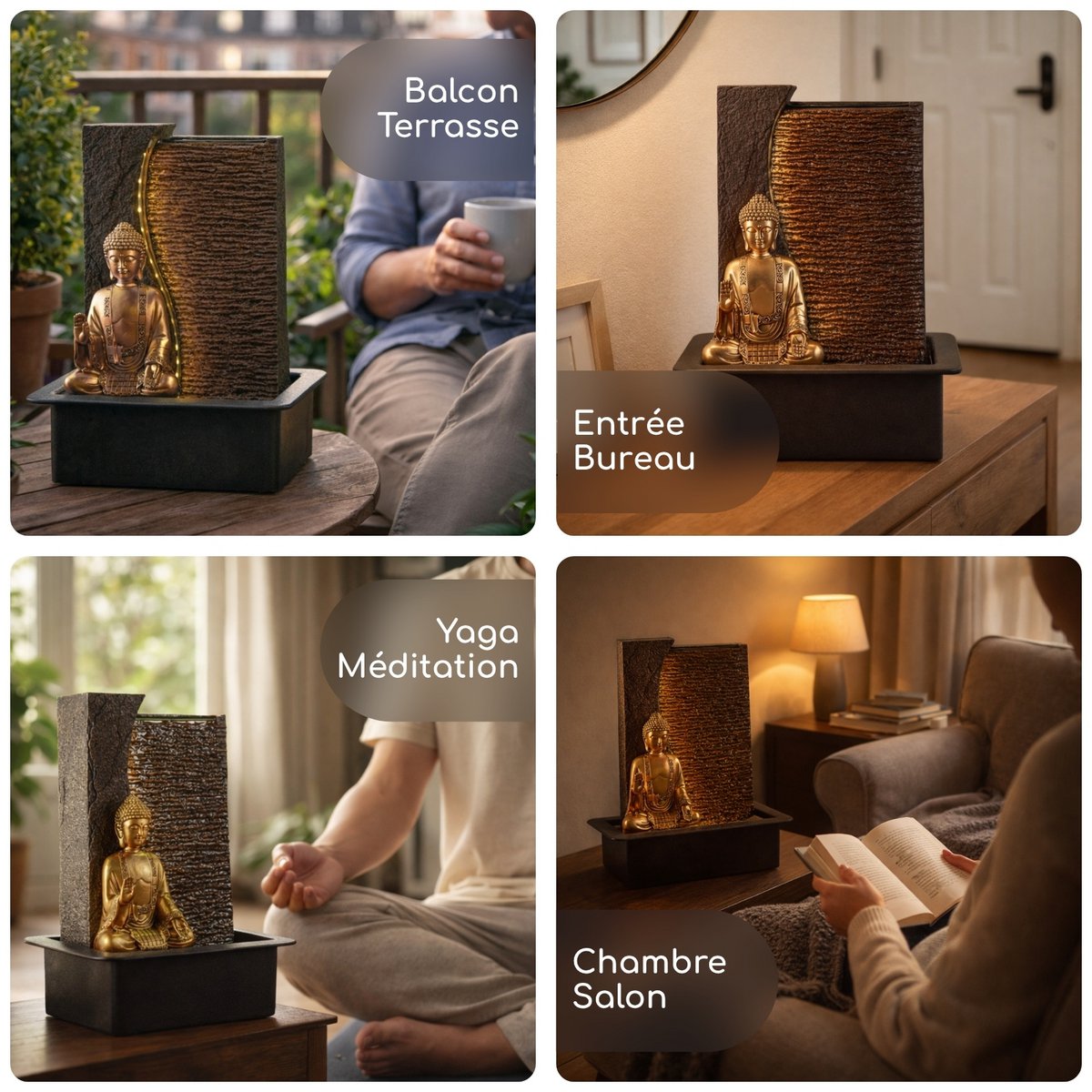 Zimmerbrunnen – Jati – abnehmbare Buddha-Statue – weißes LED-Licht – Zen und entspannende Atmosphäre – einfach zu bedienen