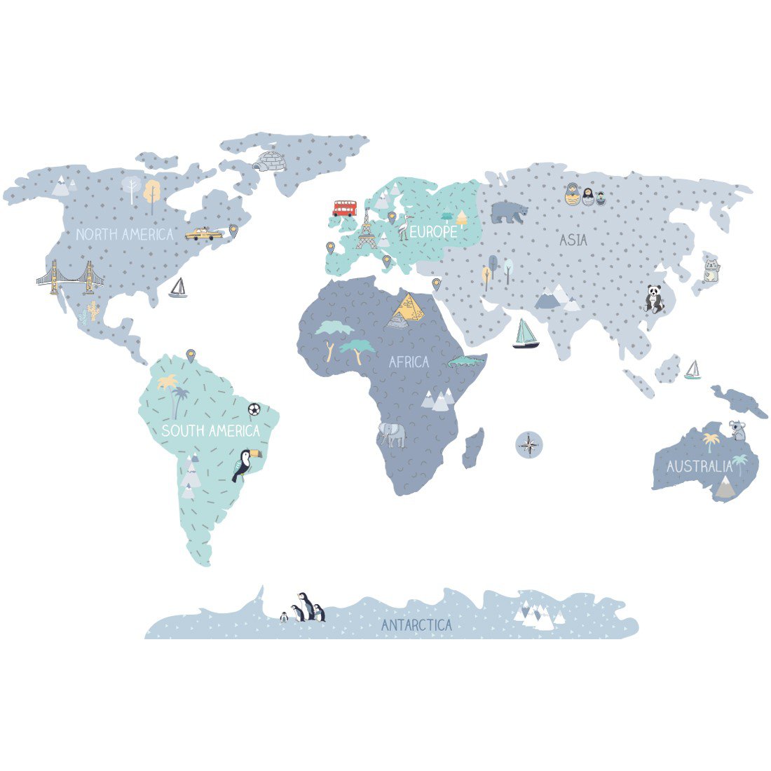 Muursticker | Wereldkaart blauw