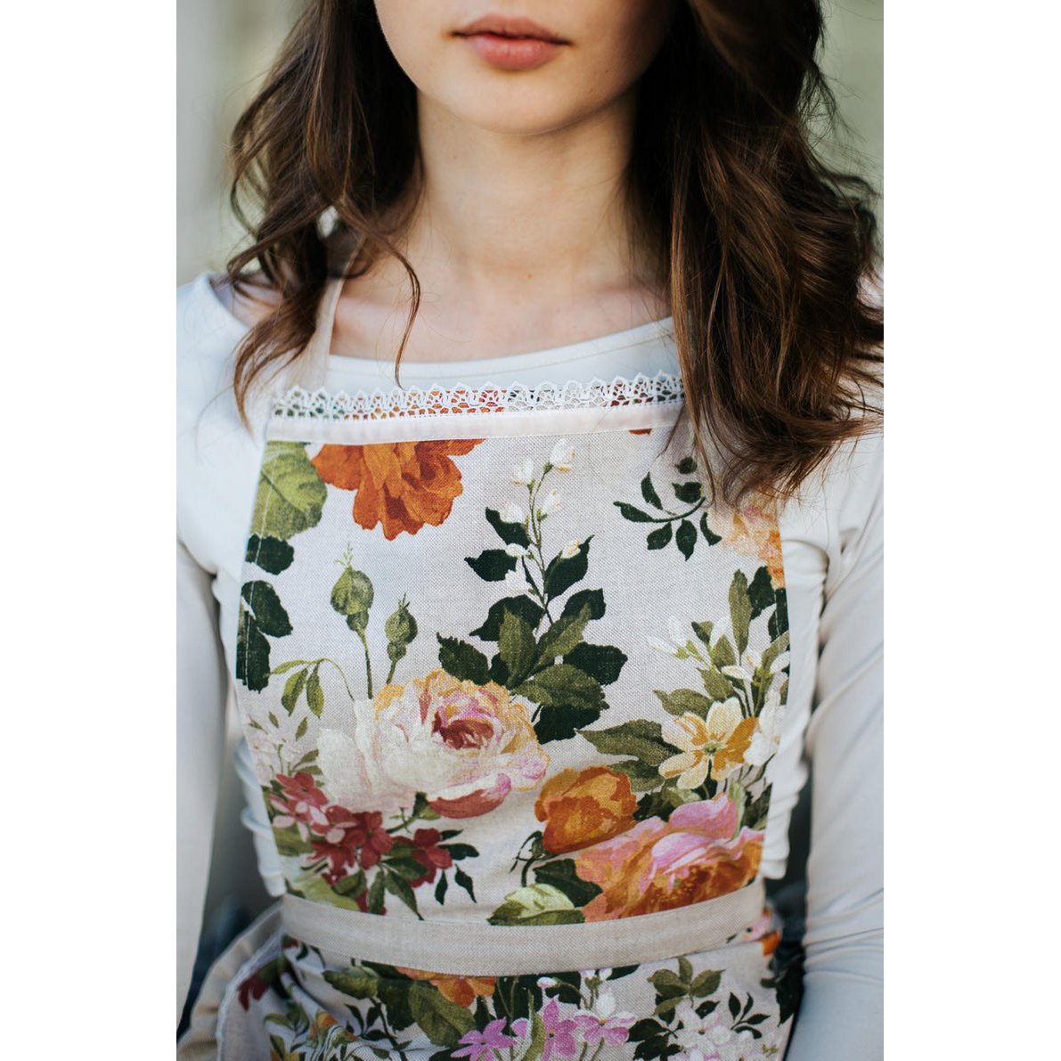 Ladies Apron with Ruffles, Poly-cotton Mix, Printed | Flower Big