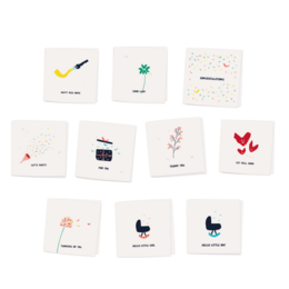 Set of 10 greeting cards with envelope, featuring a mix of birthday, just like that, birth, and move designs. Folded cards made of matte off-white, heavy quality Biotop paper.