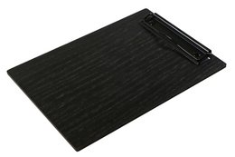Black clipboard with metal clip, made of oak wood, suitable for office use.